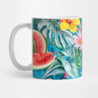 Vibrant tropical leaves pattern, watermelon illustration, tropical plants, turquoise colorful tropical fruits Mug